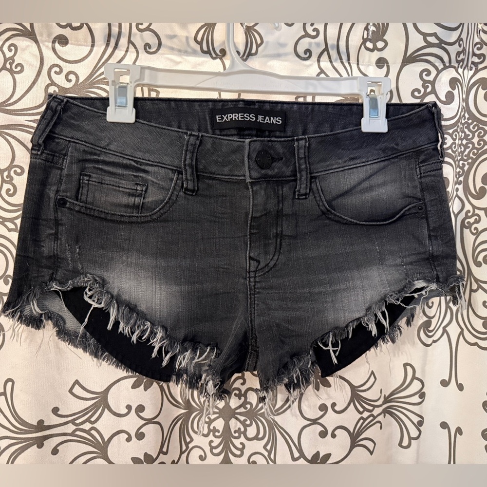 Express Black/Gray Low Rise Cut off Denim Shorts